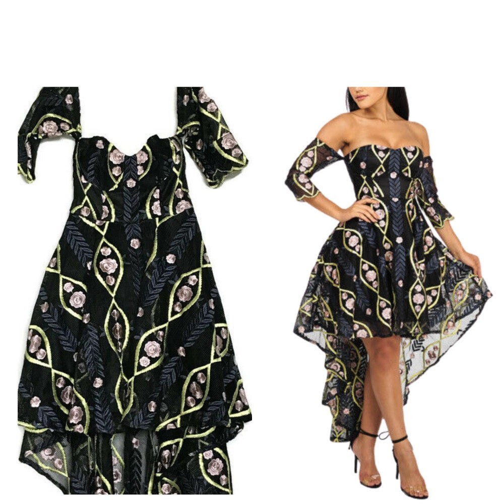 L'Atiste Heavily Embroidered High Low Hem Dress Dark Fairy Milkmaid